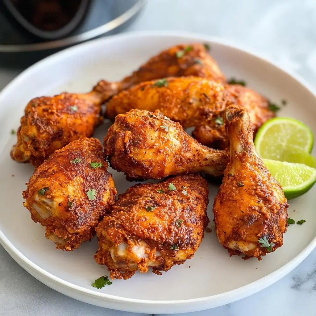 Golden, juicy chicken drumsticks plated with lime wedges and garnished with fresh cilantro.