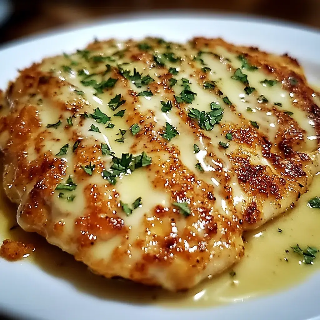 Juicy chicken on a plate with creamy sauce and parsley garnish.