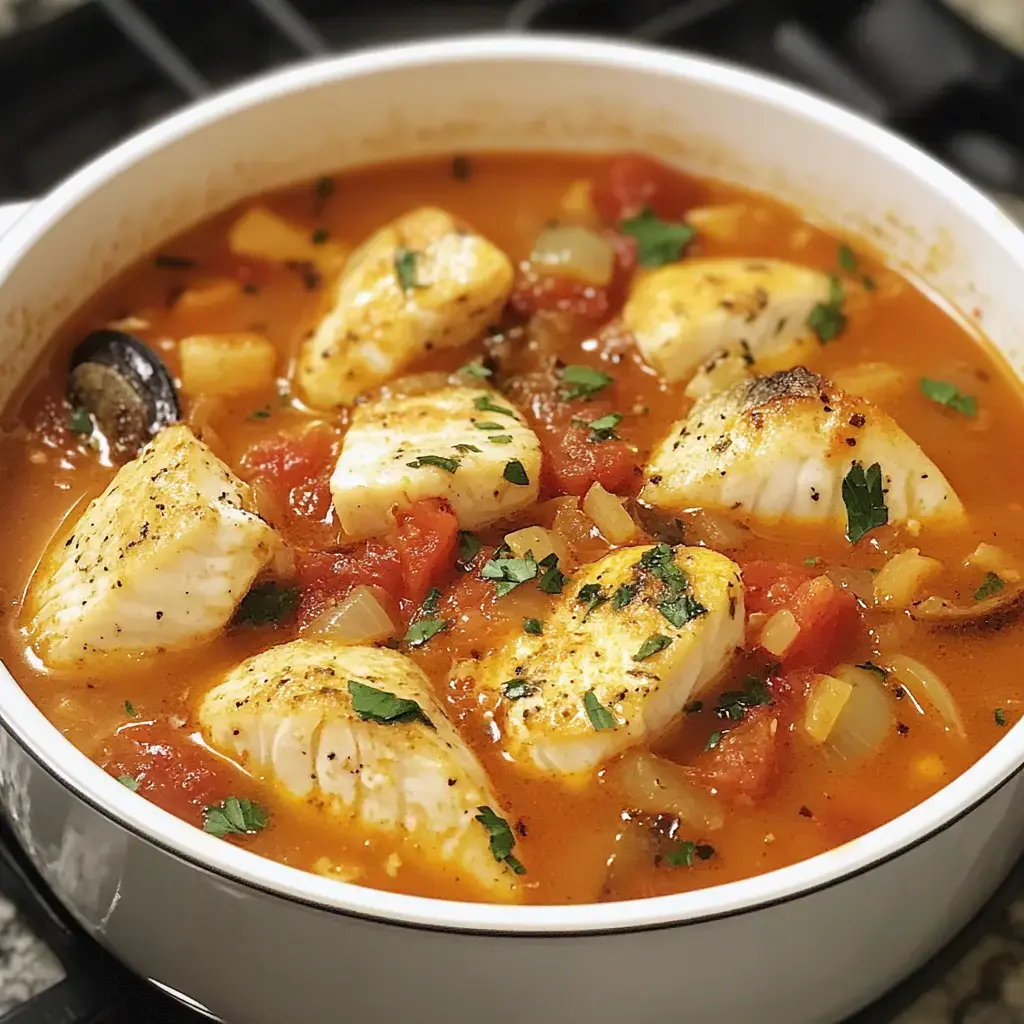 Close-up of a hearty fish stew with chunks of white fish, a rich tomato base, vegetables, and parsley on top.