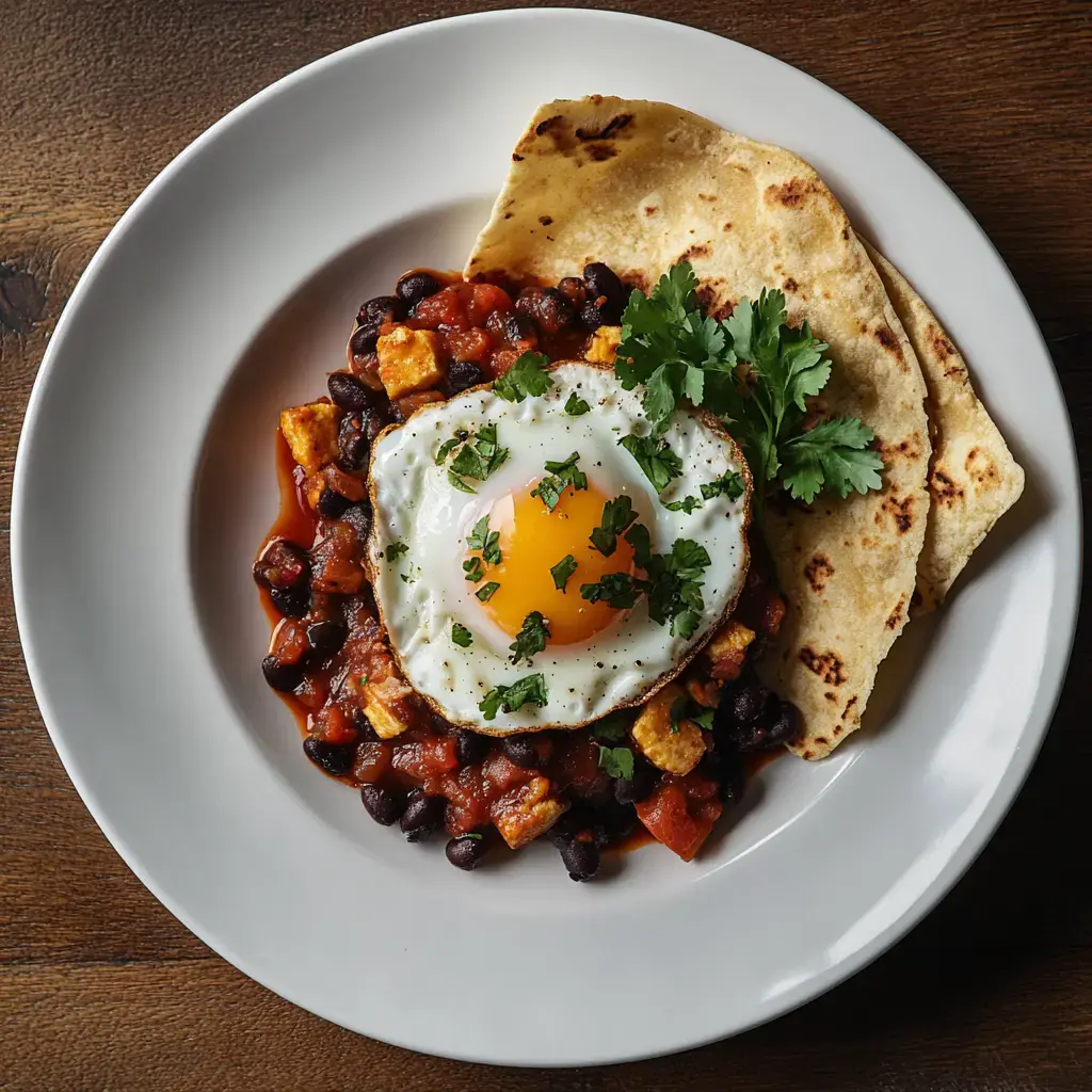 A dish with black beans and baked eggs, garnished with cilantro beside warm tortillas.
