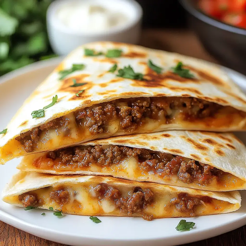 Crispy quesadillas filled with juicy ground beef, gooey cheese, and topped with fresh cilantro on a white plate.