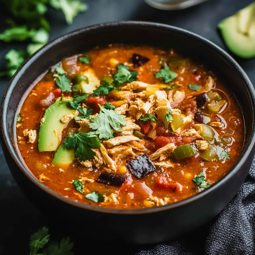 A dark bowl full of colorful soup with chicken, cilantro, avocado, and fresh veggies.