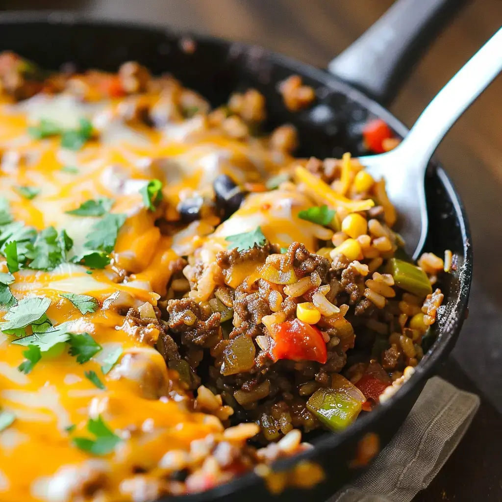 A skillet packed with delicious ground beef, rice, beans, corn, peppers, melted cheese, and cilantro.