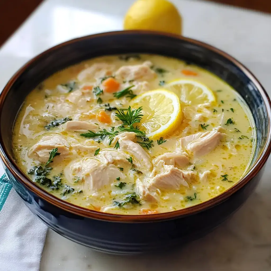 A comforting bowl of creamy chicken soup with lemon slices and herbs on top.