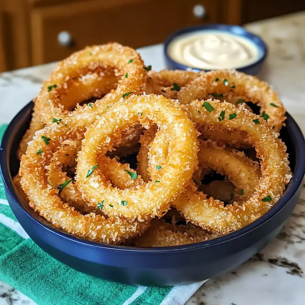Crispy onion rings in a bowl with parsley and a side of dipping sauce.