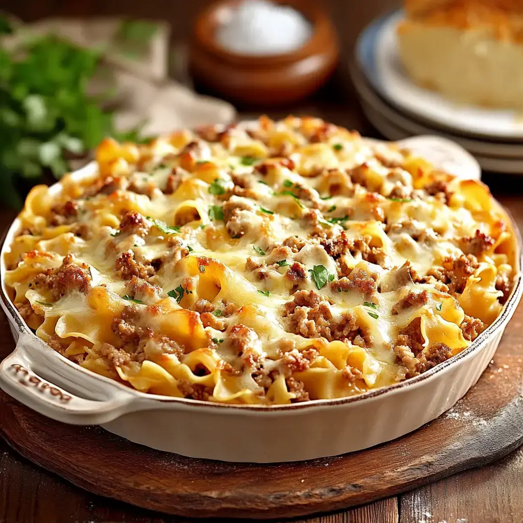 A dish filled with melty cheese-topped creamy pasta and sprinkled with fresh parsley, placed on a rustic wooden table.