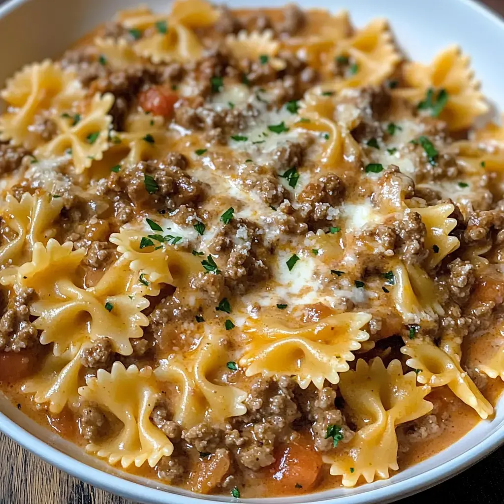 Close look at creamy bowtie pasta with ground beef, topped with parsley.
