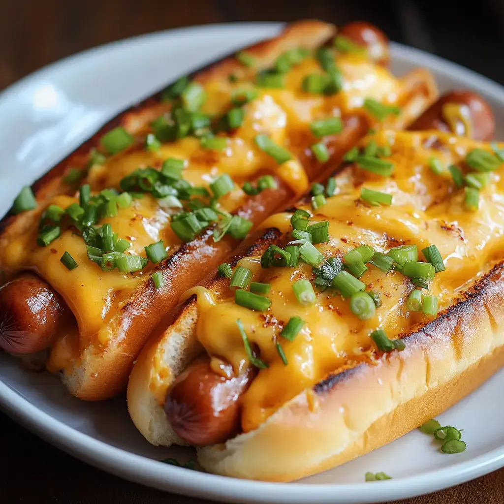 Close-up of two juicy hot dogs with melted cheese and fresh green onions in toasted buns, sitting on a white dish.
