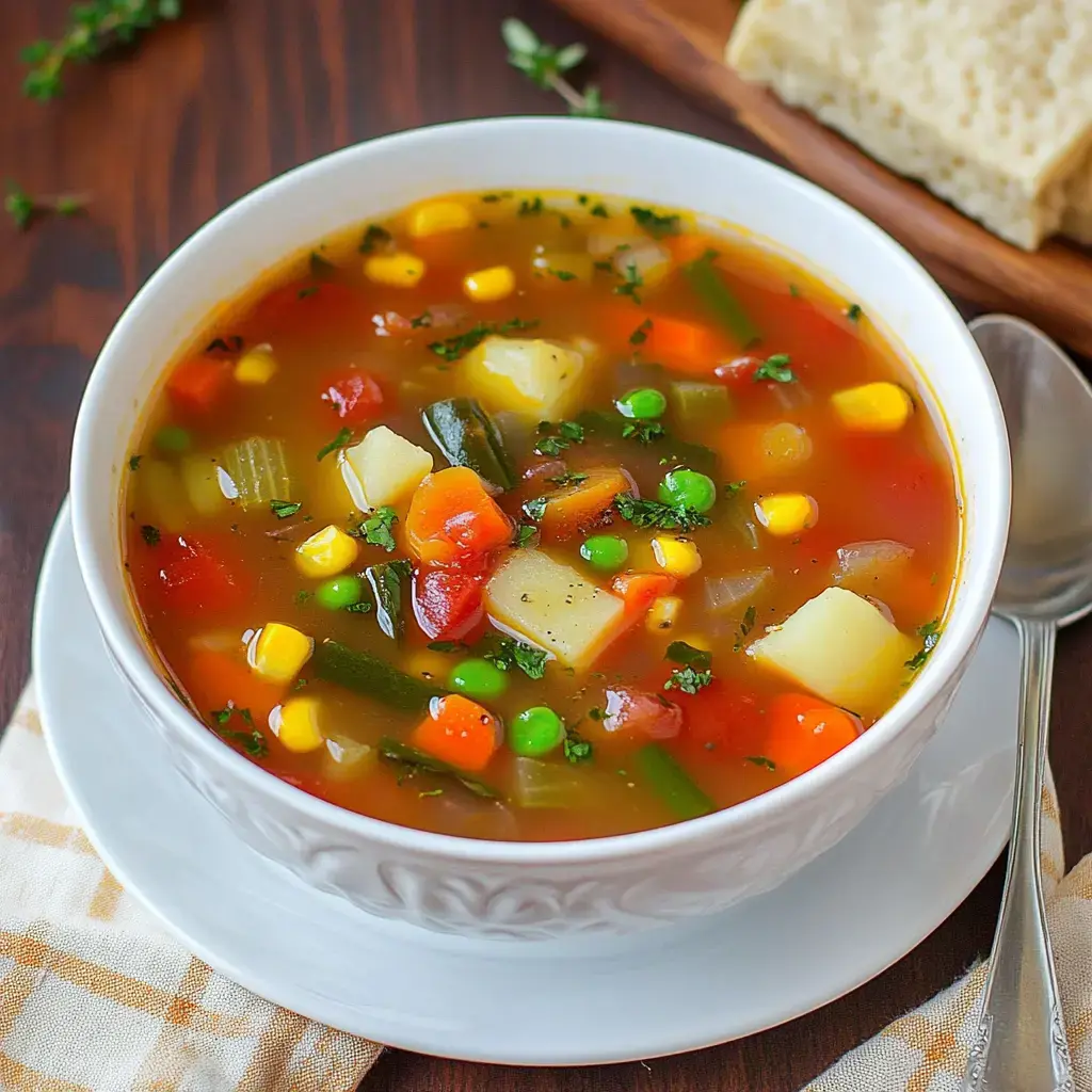 A vibrant bowl of veggie soup with corn, peas, carrots, and potatoes, topped with fresh herbs.