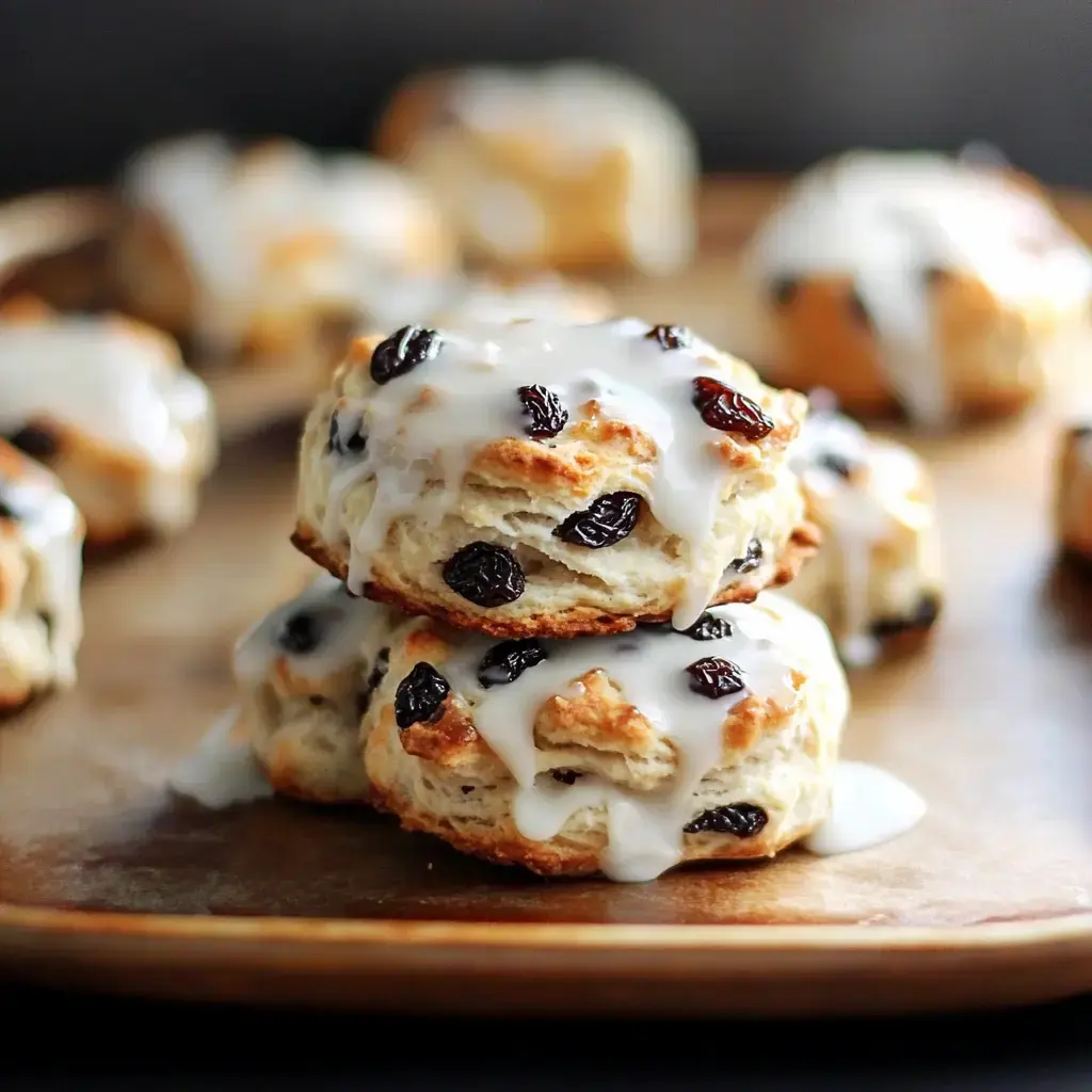 A wooden plate holding two glazed biscuits with raisins stacked together.