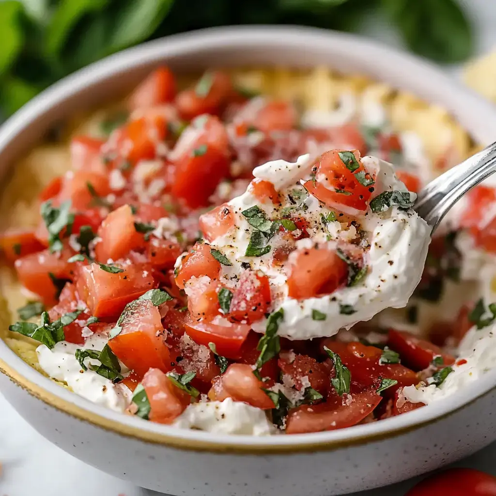 A creamy base topped with chopped fresh tomatoes, herbs, and spices, ready to serve with a spoon.