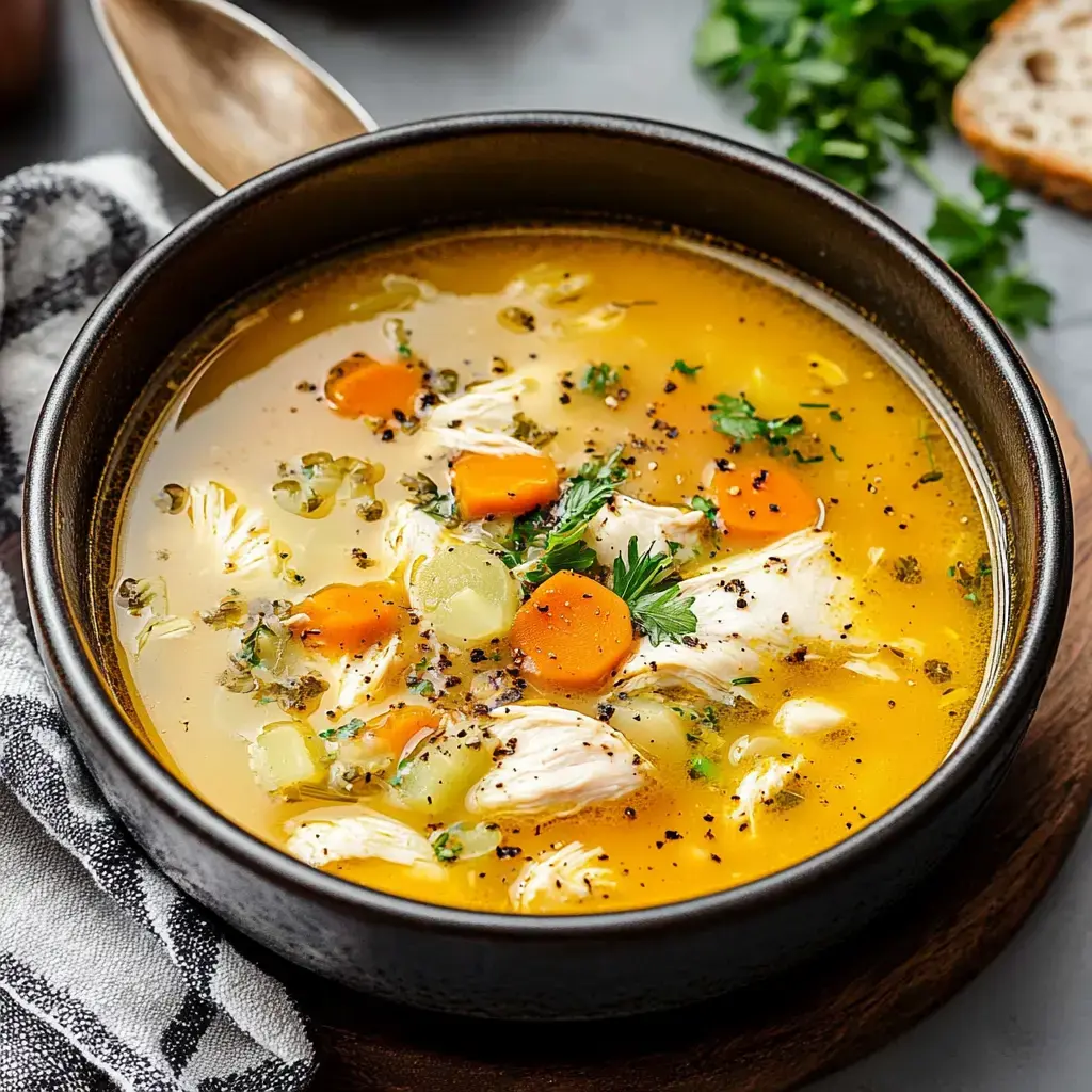 A steaming bowl of chicken soup with fresh veggies and herbs, placed on a rustic table with crusty bread.