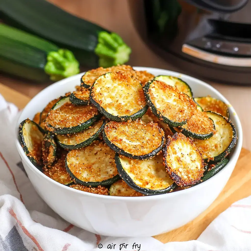 A bowl of golden, crispy air-fried zucchini slices surrounded by fresh zucchini and glimpses of kitchen tools.