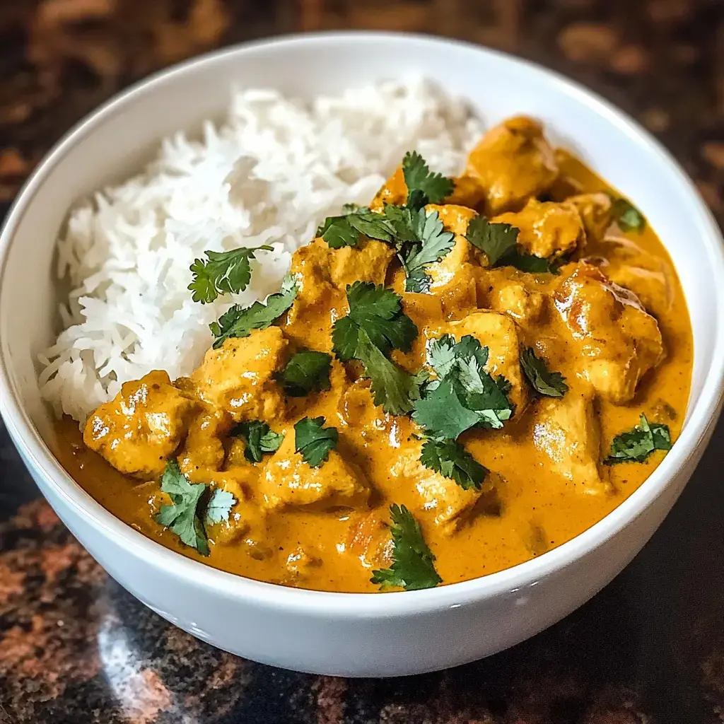 A creamy chicken curry dish topped with cilantro, served with fluffy white rice.