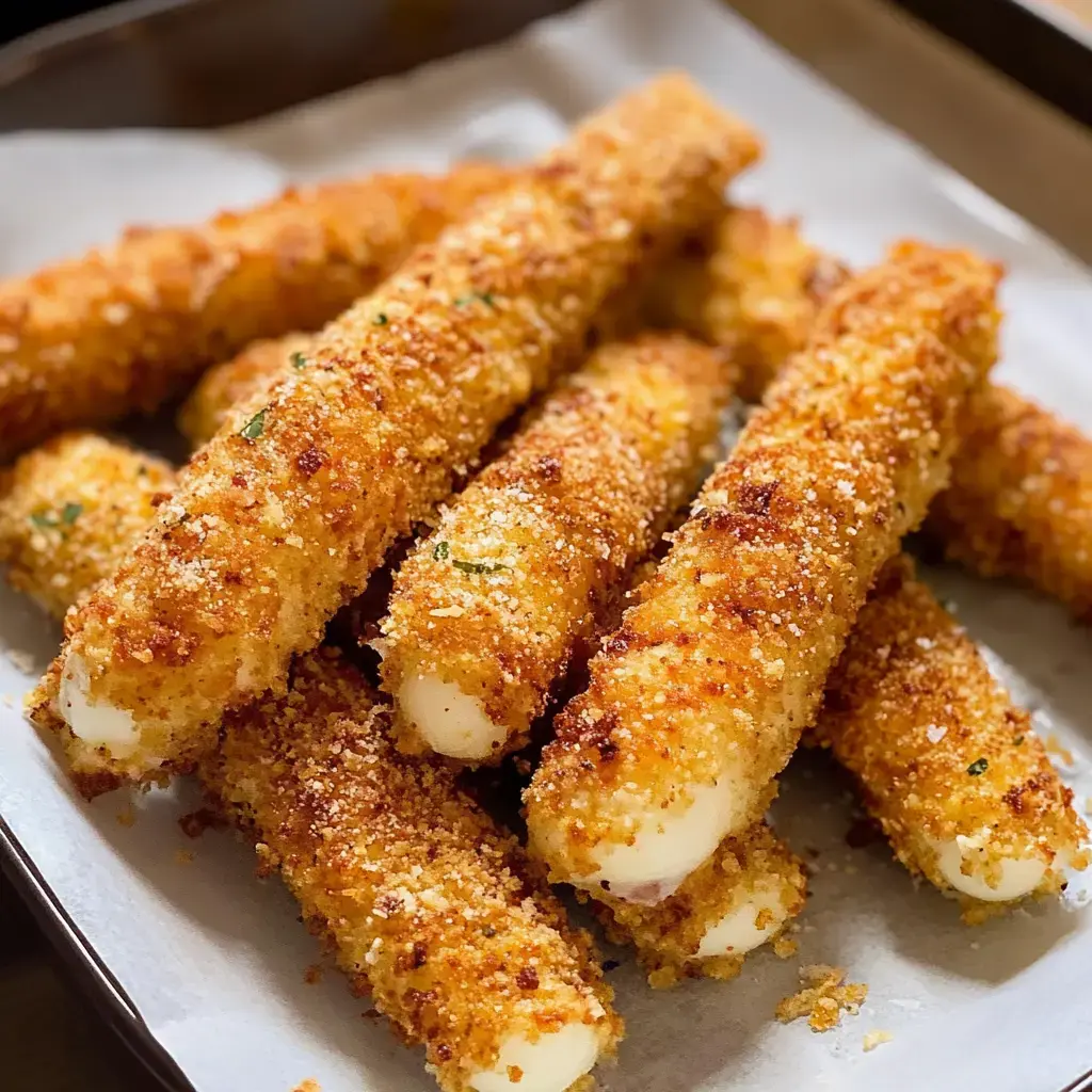 Golden and crisp cheese sticks on a plate with parchment paper.