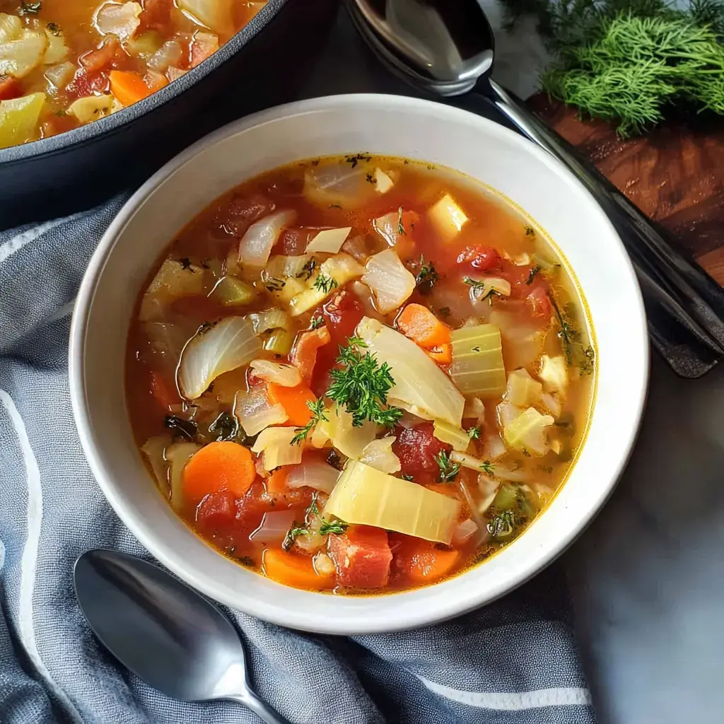 A steaming bowl of vegetable broth with sprinkles of herbs, sitting atop a rustic gray cloth.