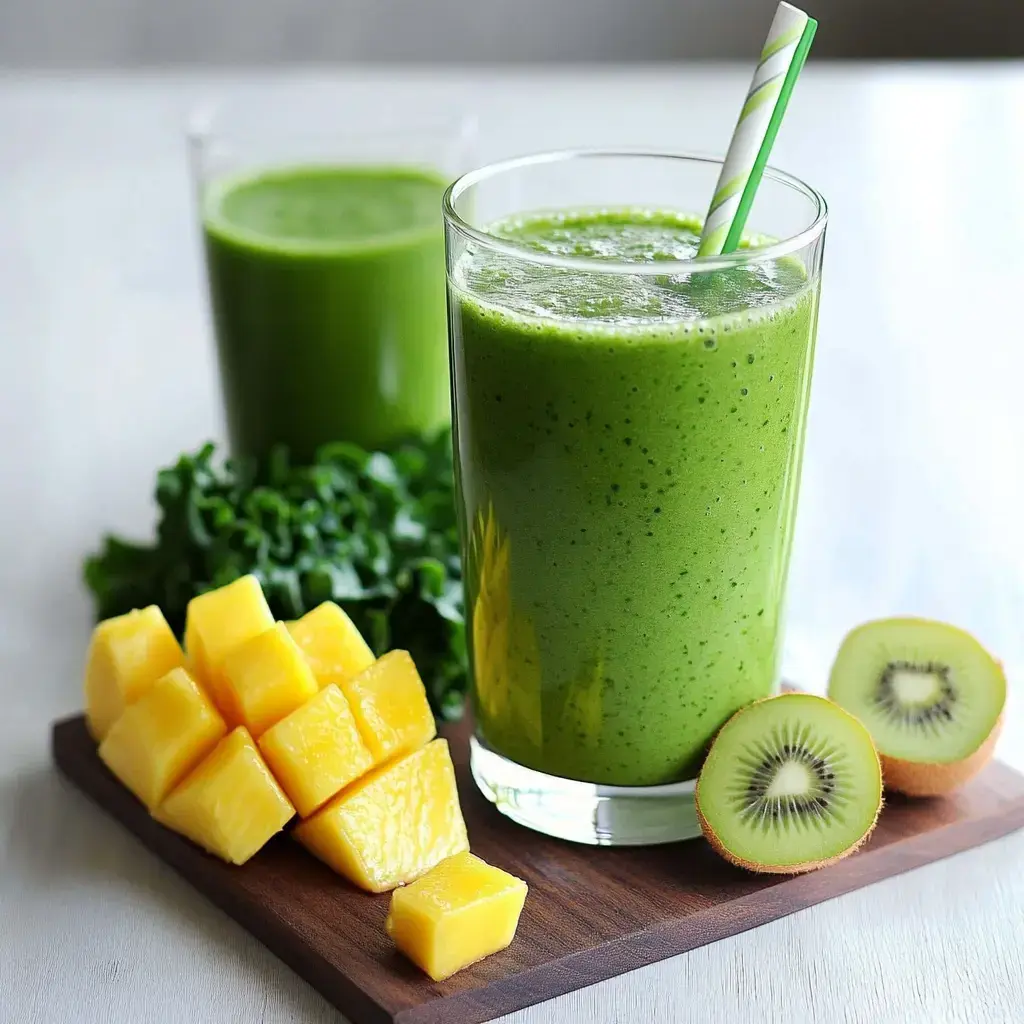 A green drink in a glass surrounded by cut kiwi, mango, and fresh kale on a wooden surface.