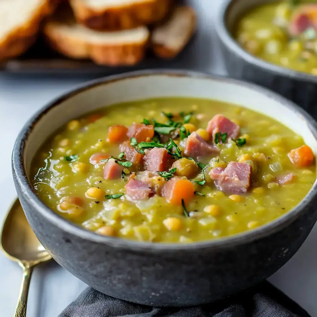 A hearty bowl of pea and ham soup with fresh herbs and bread slices nearby.