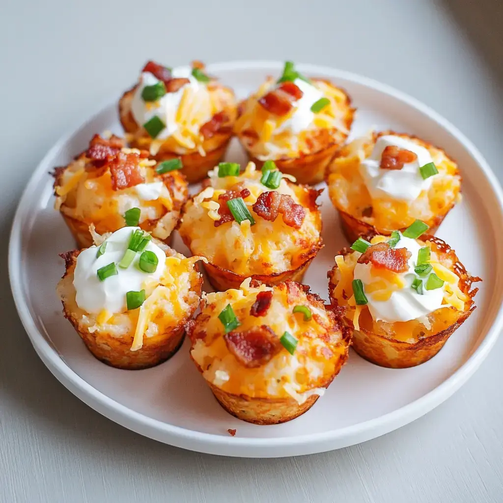 A plate of bite-sized loaded potato cups finished with cheese, bacon, sour cream, and green onions.
