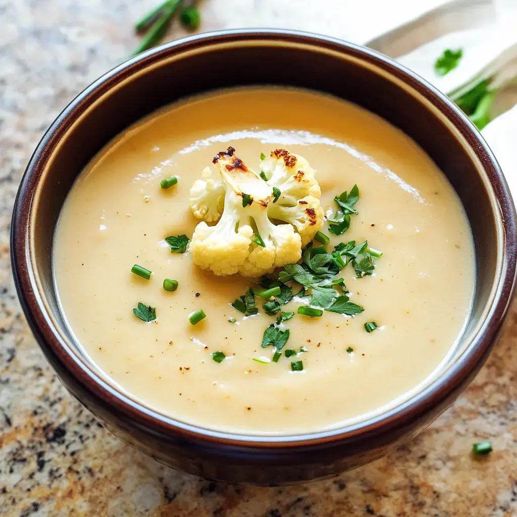 A cozy bowl of creamy cauliflower soup topped with roasted florets and a sprinkle of herbs on a rustic surface.