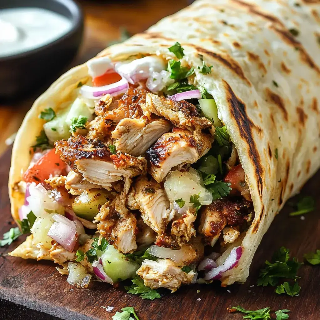 Grilled chicken wrap loaded with veggies, herbs, and sauce, placed on wood next to a dipping sauce bowl.