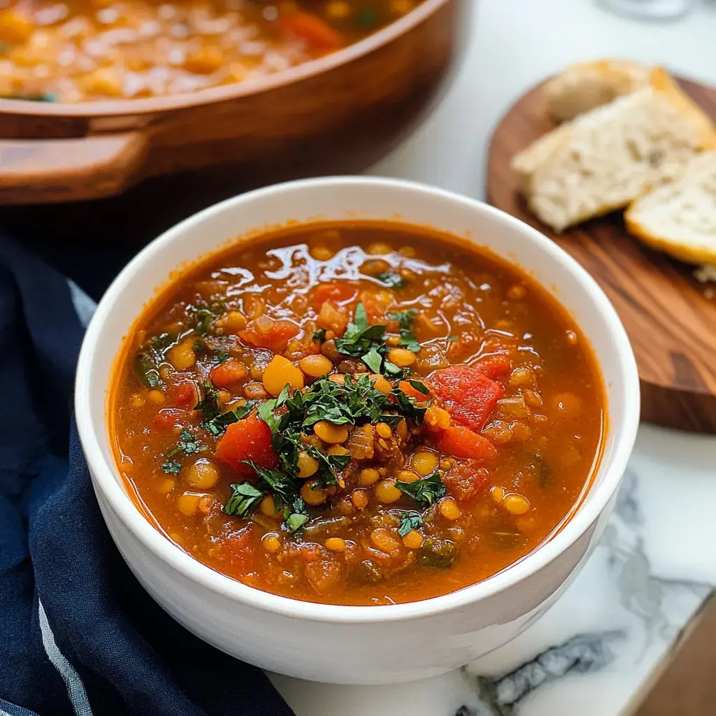 A steaming bowl of lentil soup with fresh herbs and bread, set on a wooden board.