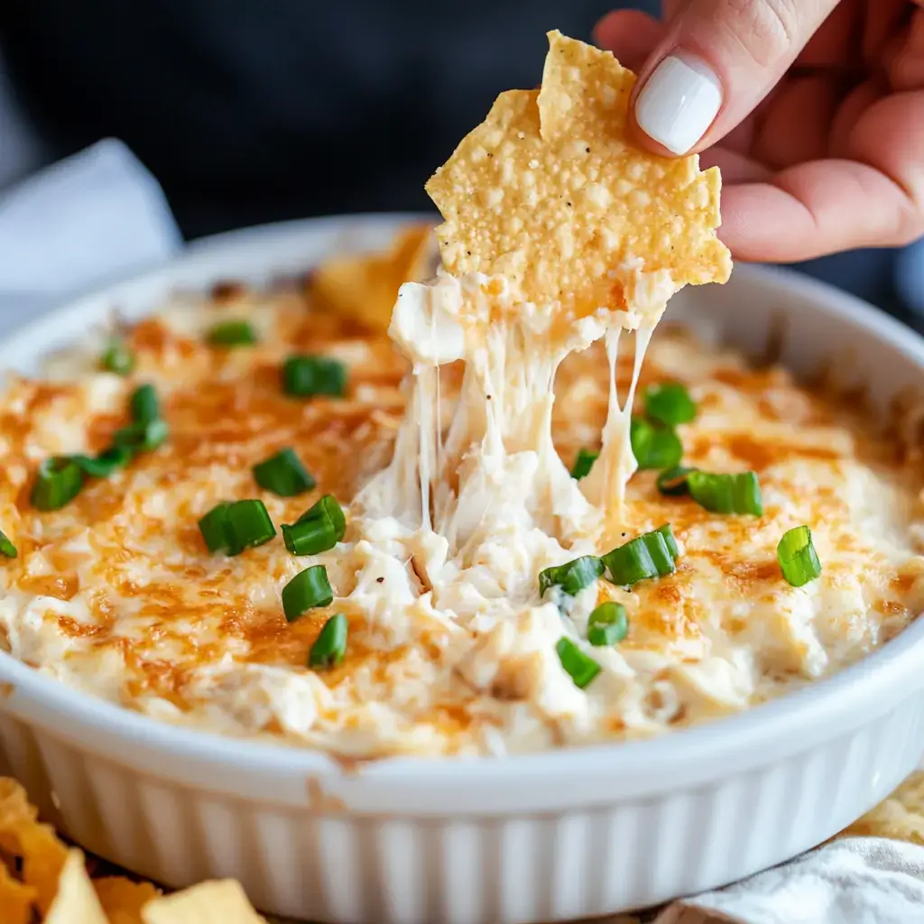 A chip scoops cheesy dip topped with green onions.