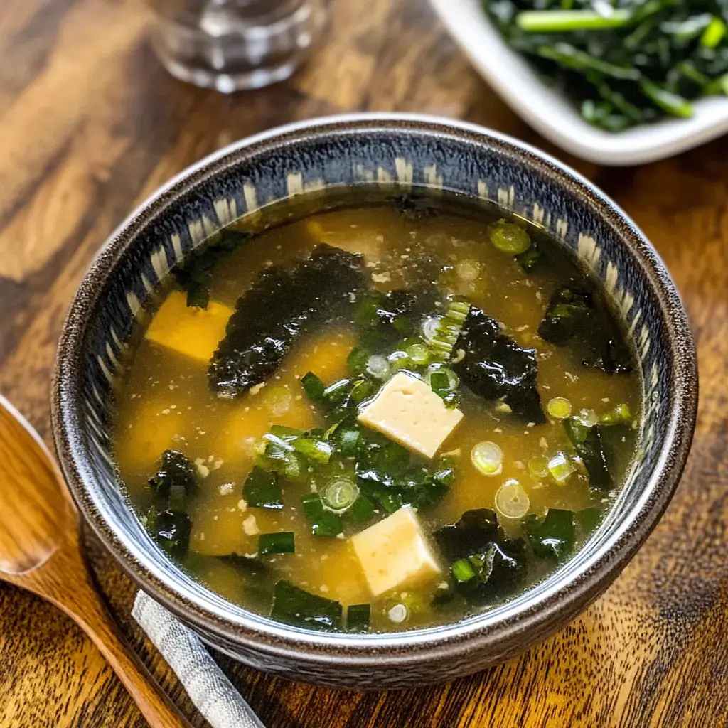 A comforting wooden bowl of miso broth paired with green onions, tofu cubes, and seaweed.