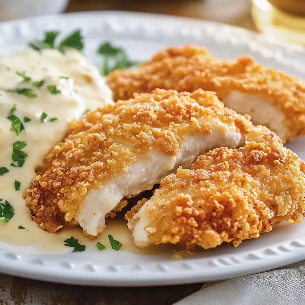 A dish of golden crispy chicken with a creamy sauce on the side and fresh parsley garnish.