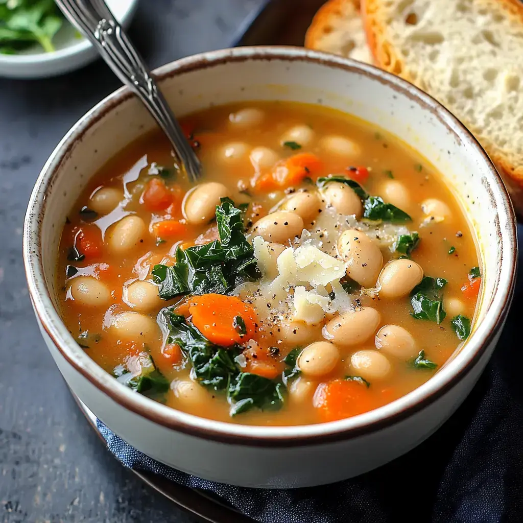 A cozy bowl of white bean stew with kale, carrots, and a sprinkle of cheese, served next to crusty bread slices.