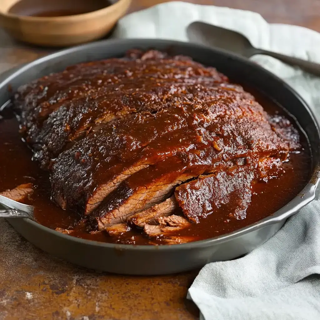 Slices of tender brisket coated in flavorful sauce in a black dish. A gray cloth is next to it.