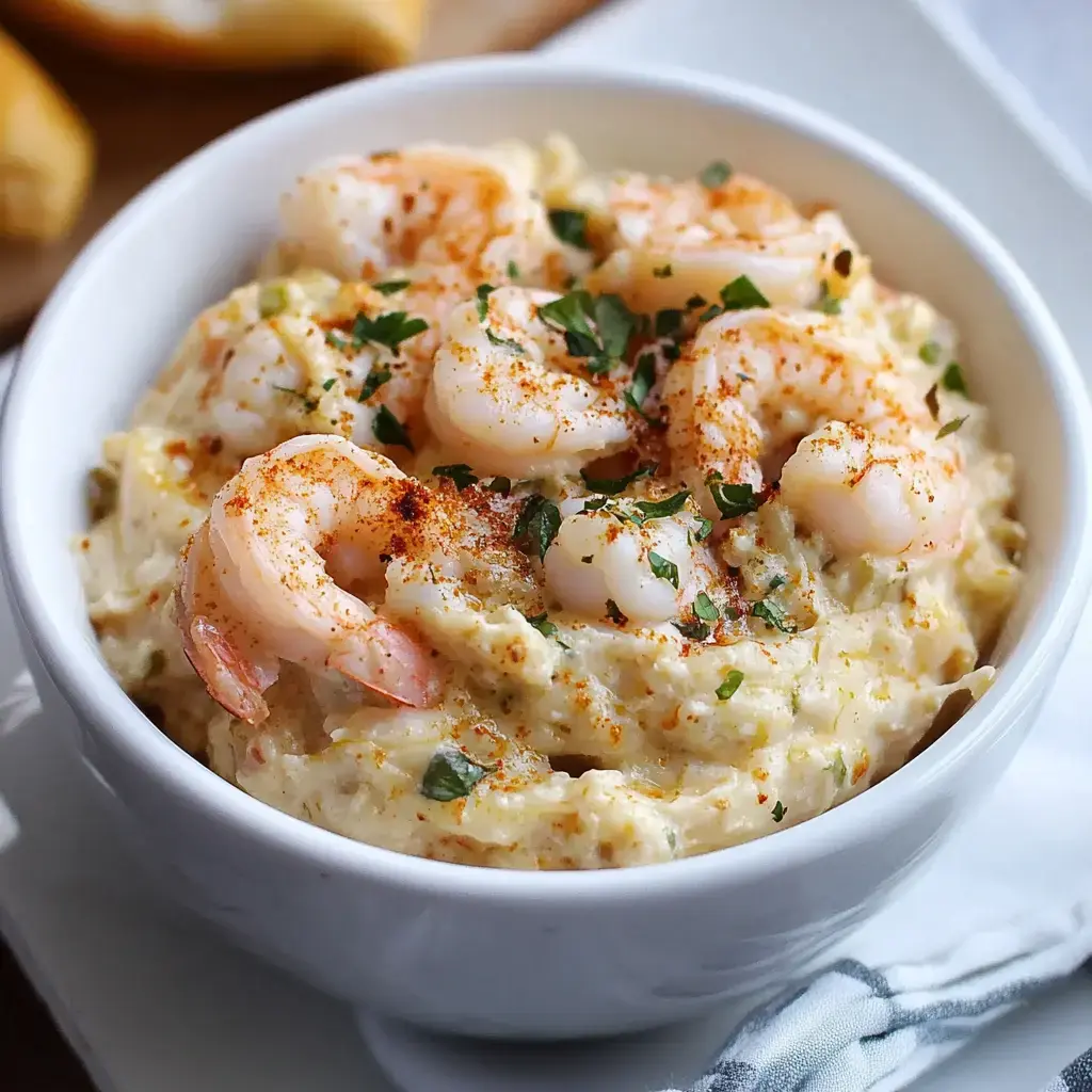 A bowl of smooth shrimp butter topped with parsley, paprika, and whole shrimp.