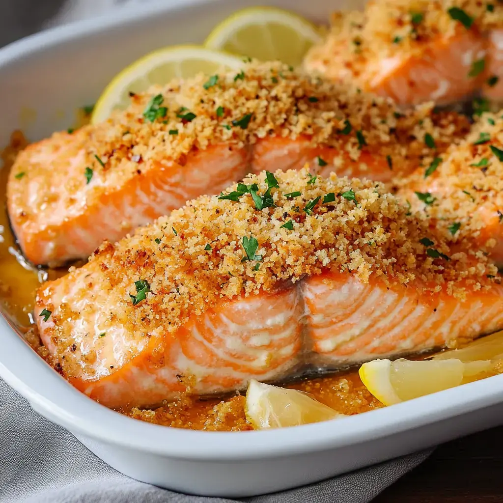 Golden breadcrumb-topped salmon with parsley and lemon on the side.