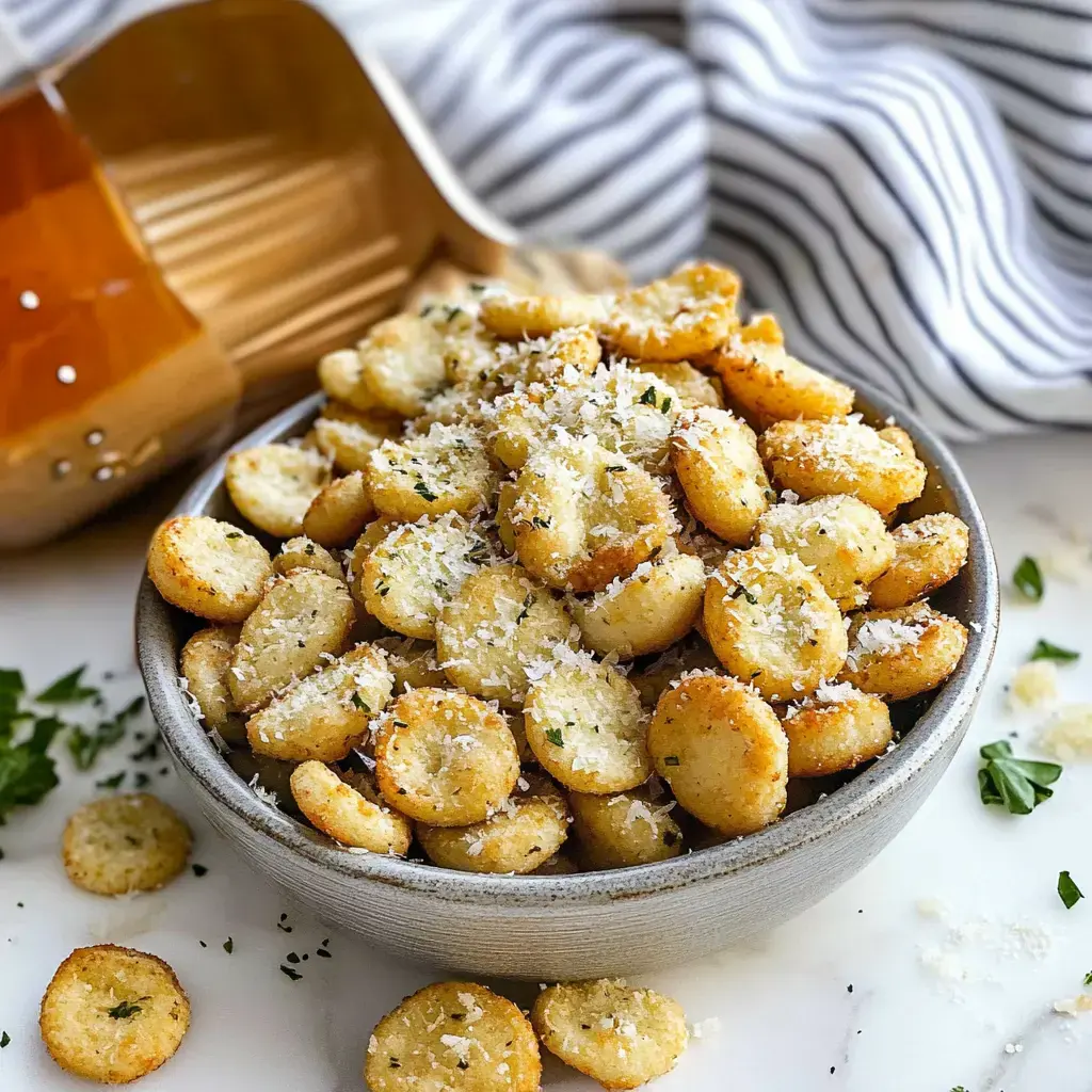 A bowl of golden, crispy snacks topped with Parmesan and herbs, with kitchen gear visible in the background.