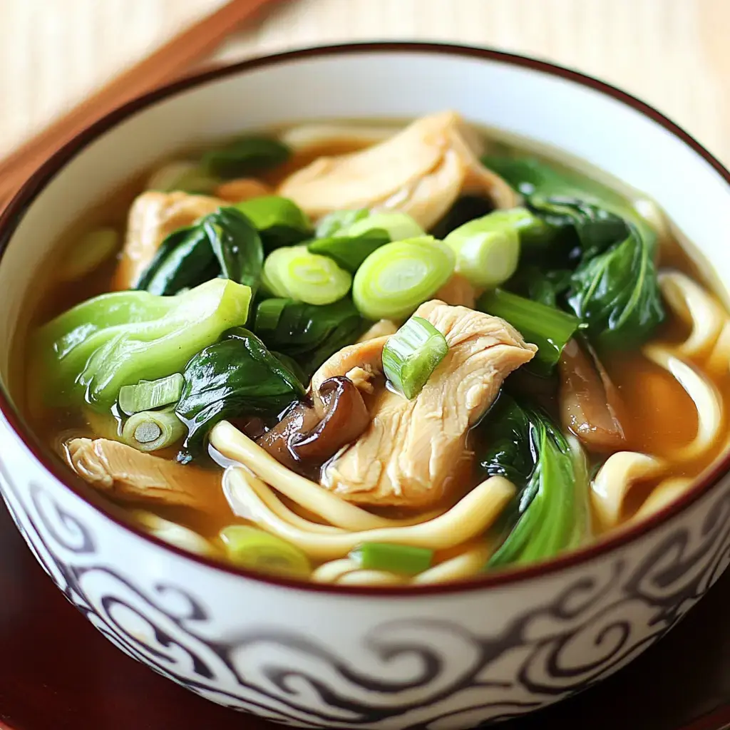 A bowl of noodle soup with chicken, greens, and green onions in a rich broth.