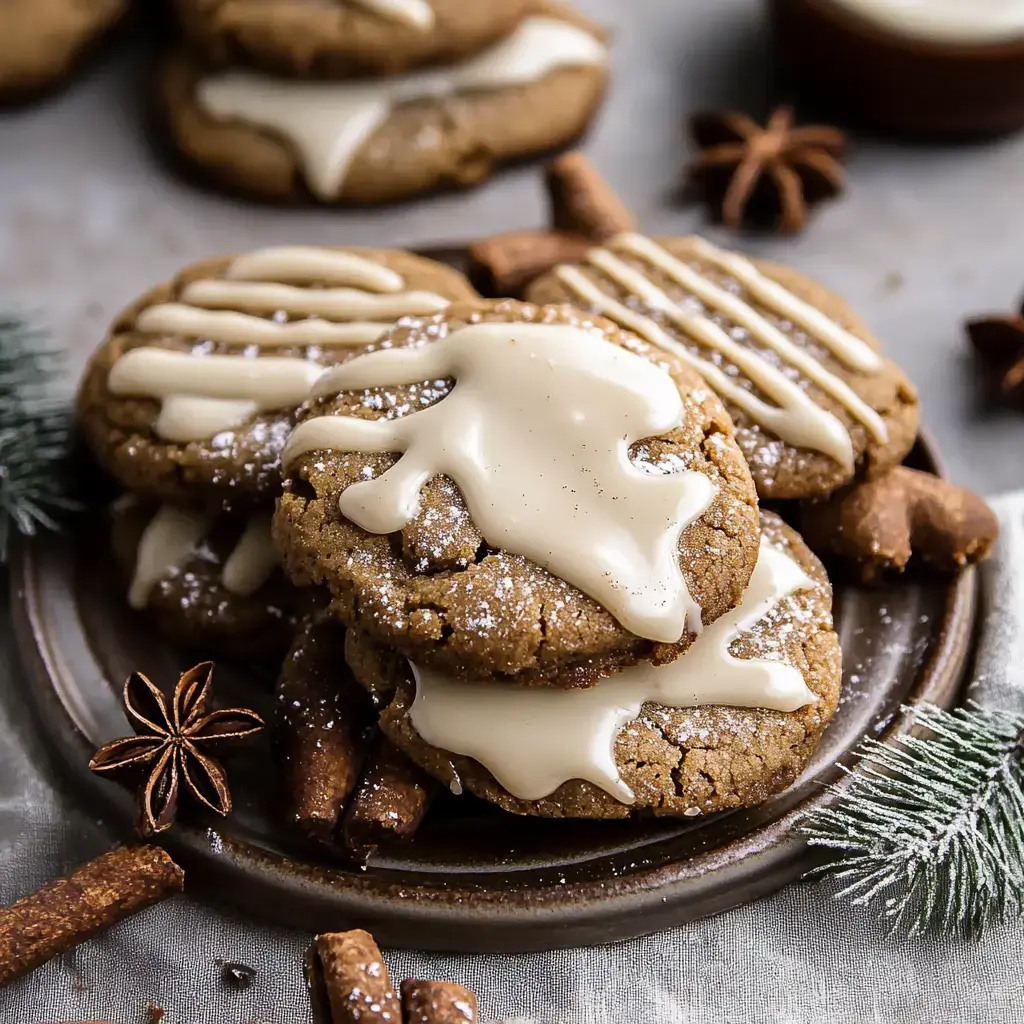 A cozy scene showing cookies topped with icing, nestled on a plate with warm spices like cinnamon and star anise.