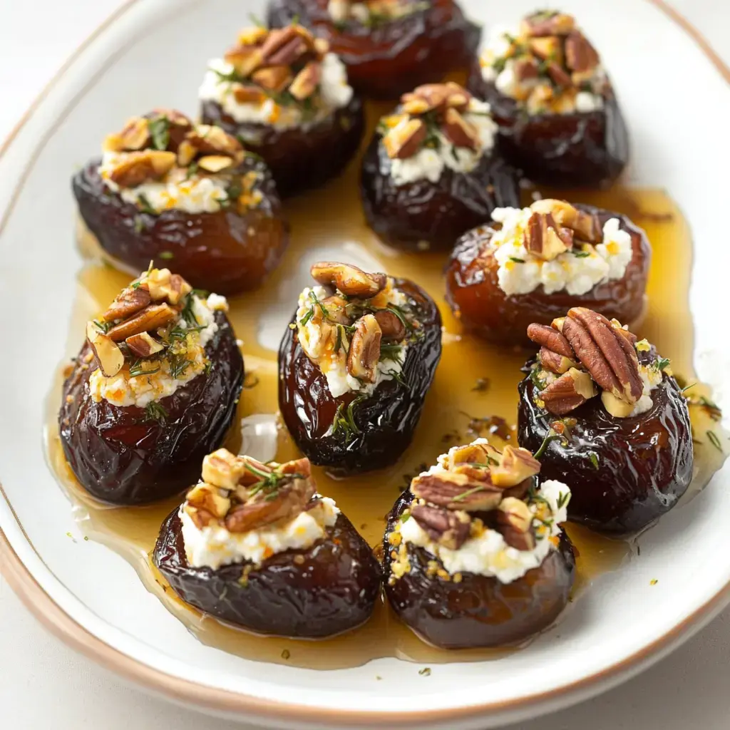 A beautiful dish of soft dates filled with cheese, nuts, and honey drizzle.