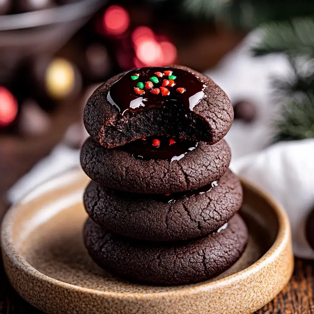 Four stacked chocolate cookies with shiny ganache glaze and colorful sprinkles on a pretty plate.