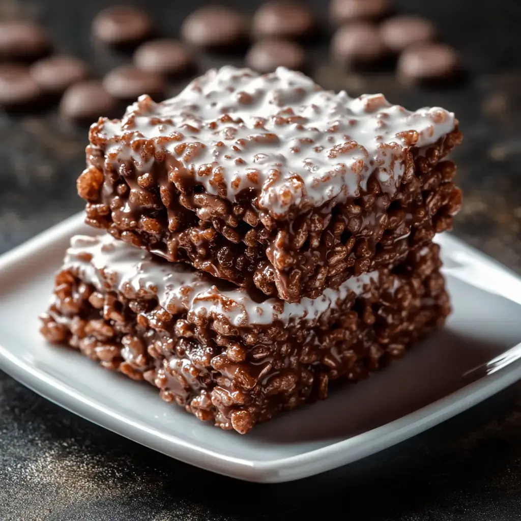 A pair of chocolatey, cereal-based treats stacked on a white plate, with stray chocolate pieces scattered behind.