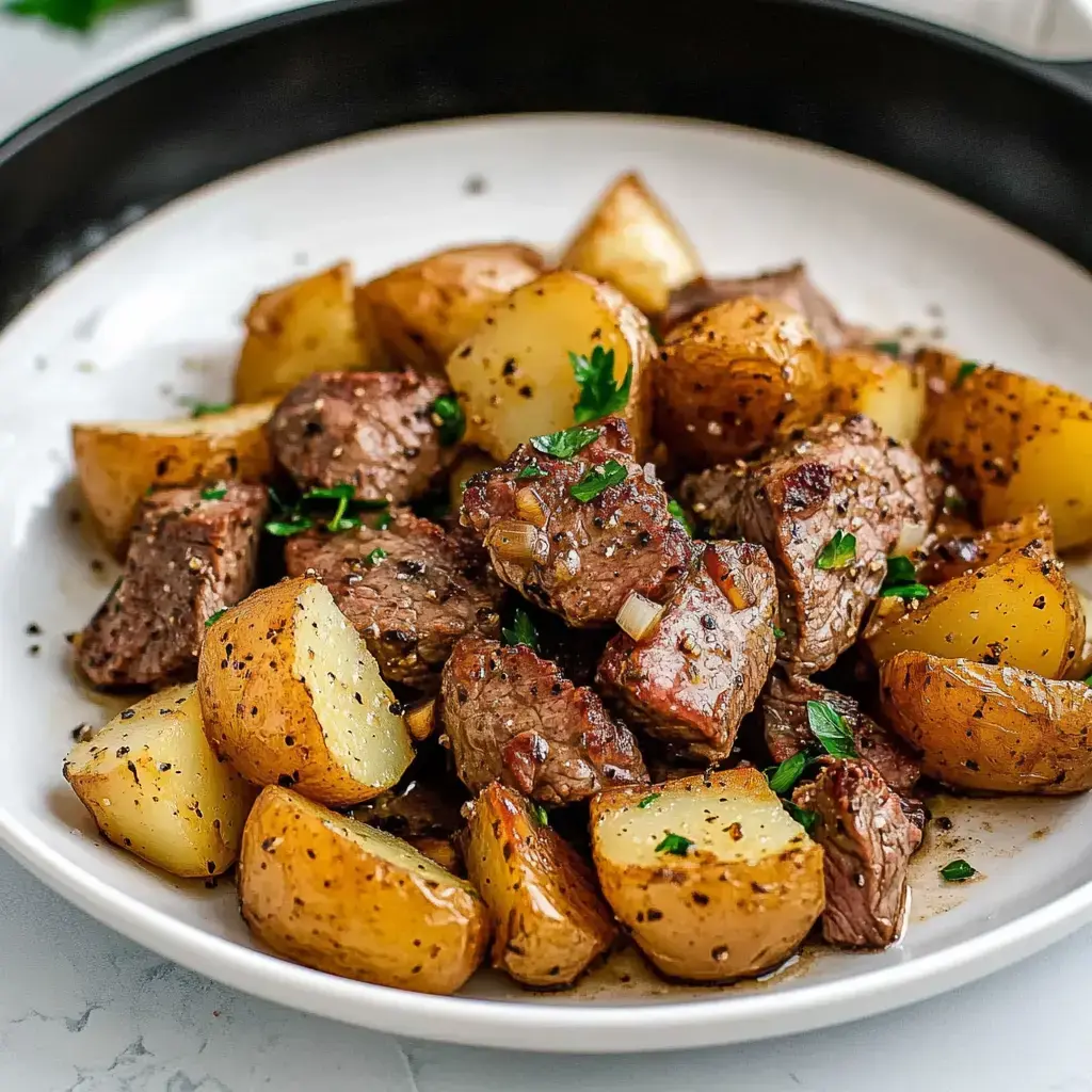 Crispy potato chunks and juicy steak pieces with herbs, served on a plate.