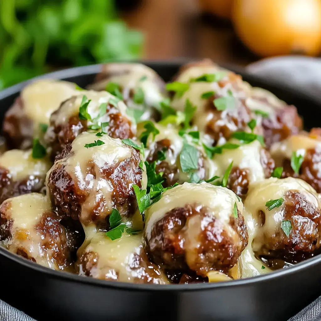 Juicy meatballs smothered in melted cheese, garnished with parsley, served in a black dish.