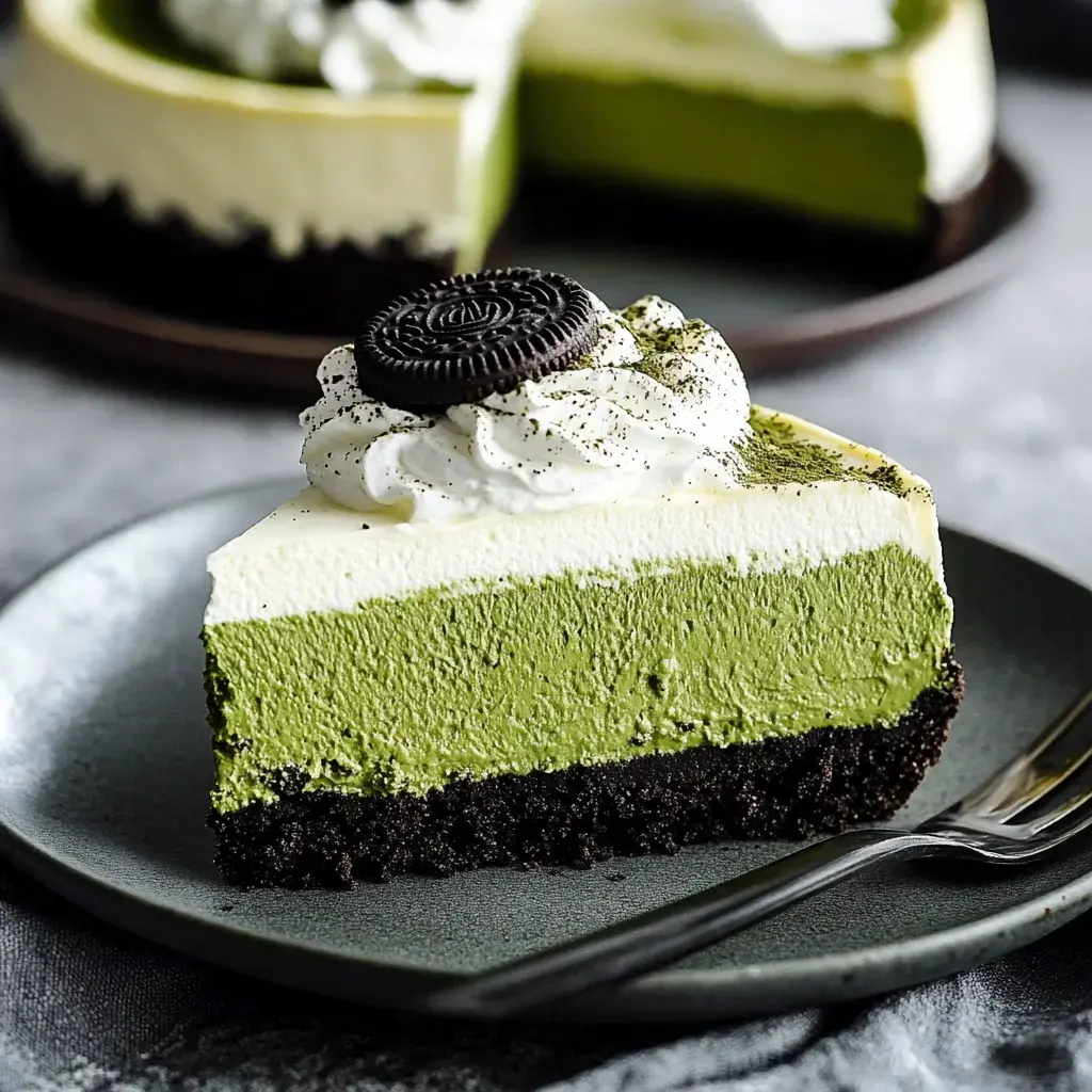 A beautifully layered matcha cheesecake with green tea middle and whipped cream topping, finished with an Oreo garnish, all on a dark dish.