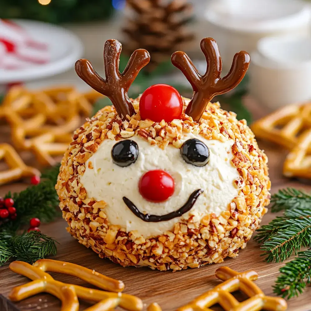 A cute cheese ball decorated like a reindeer with pretzel antlers, a cherry nose, and olive eyes, surrounded by festive snacks.