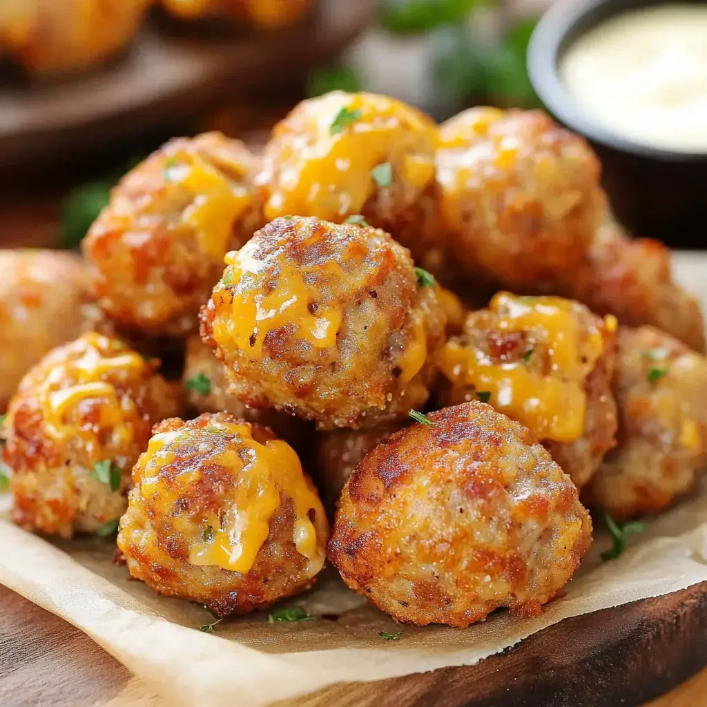 Golden-brown cheesy bites with parsley on a wooden board.