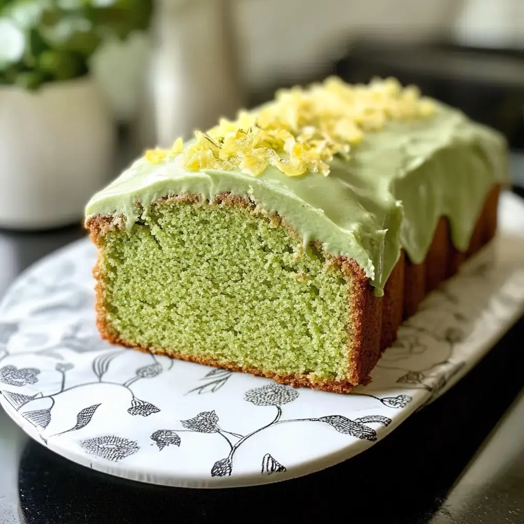 A green tea loaf with lemon frosting on a floral plate, sprinkled with bright yellow garnishes.