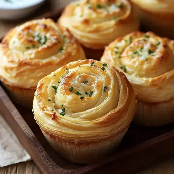 Golden, herb-sprinkled rolls sitting on a wooden board.