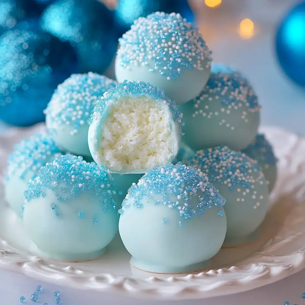 Light blue truffles sprinkled with white and blue sugar on a plate, with one sliced open to show the filling.