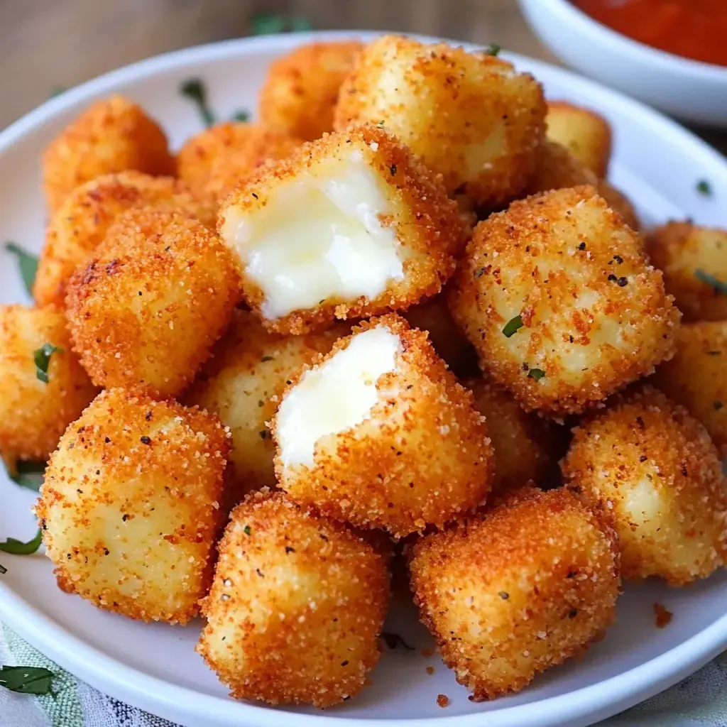 Gooey, crispy-coated cheese bites on a plate, with one piece split open to show the melted filling.