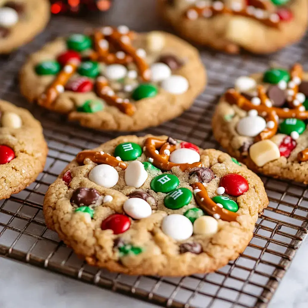 Close-up of colorful cookies with candies and pretzels resting on a wire rack.