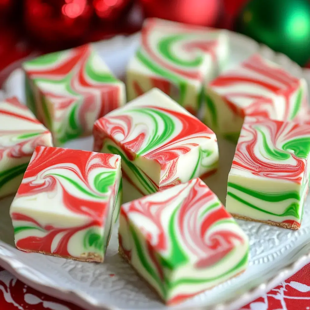 A display of green, red, and white candies swirled together, neatly arranged on a plate.